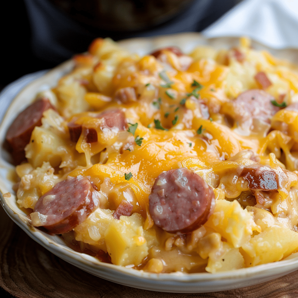 Slow Cooker Cheesy Kielbasa Hashbrown Casserole