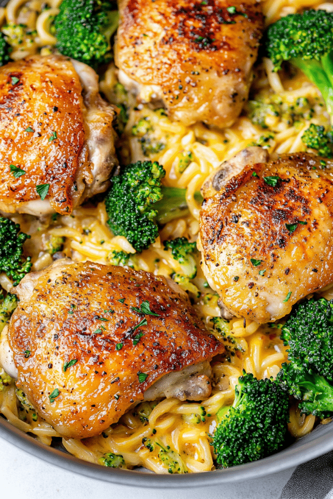 Skillet Chicken Thighs with Broccoli Cheddar Orzo