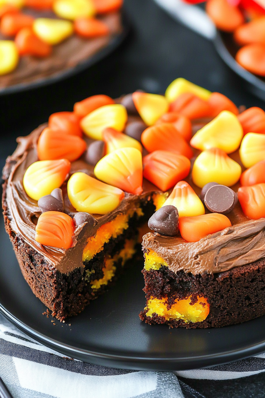 Candy Corn Chocolate Chip Cookie Cake Recipe Final Dish Presentation