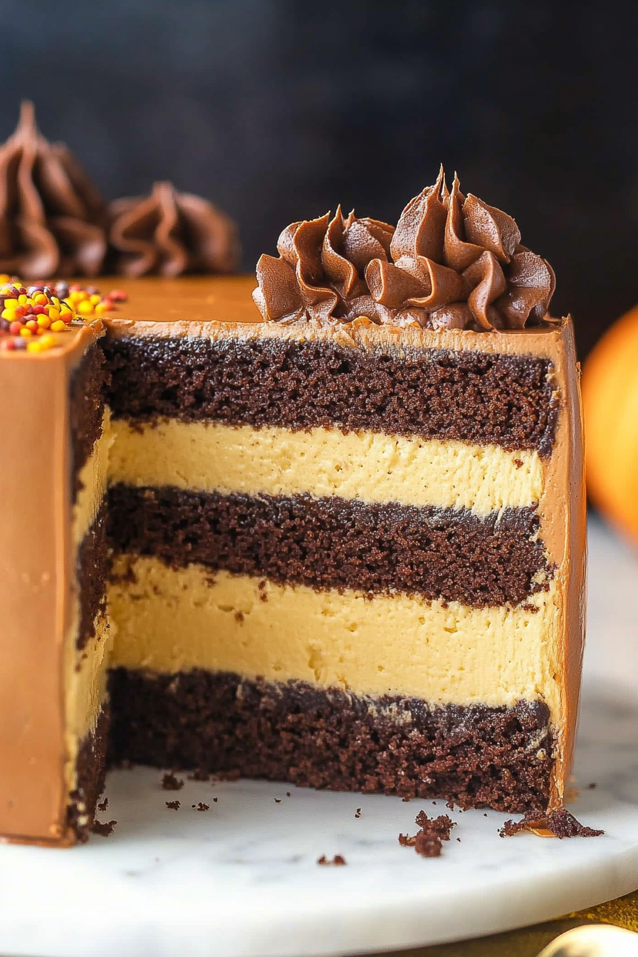 Chocolate Pumpkin Cheesecake Cake Recipe Final Dish Presentation