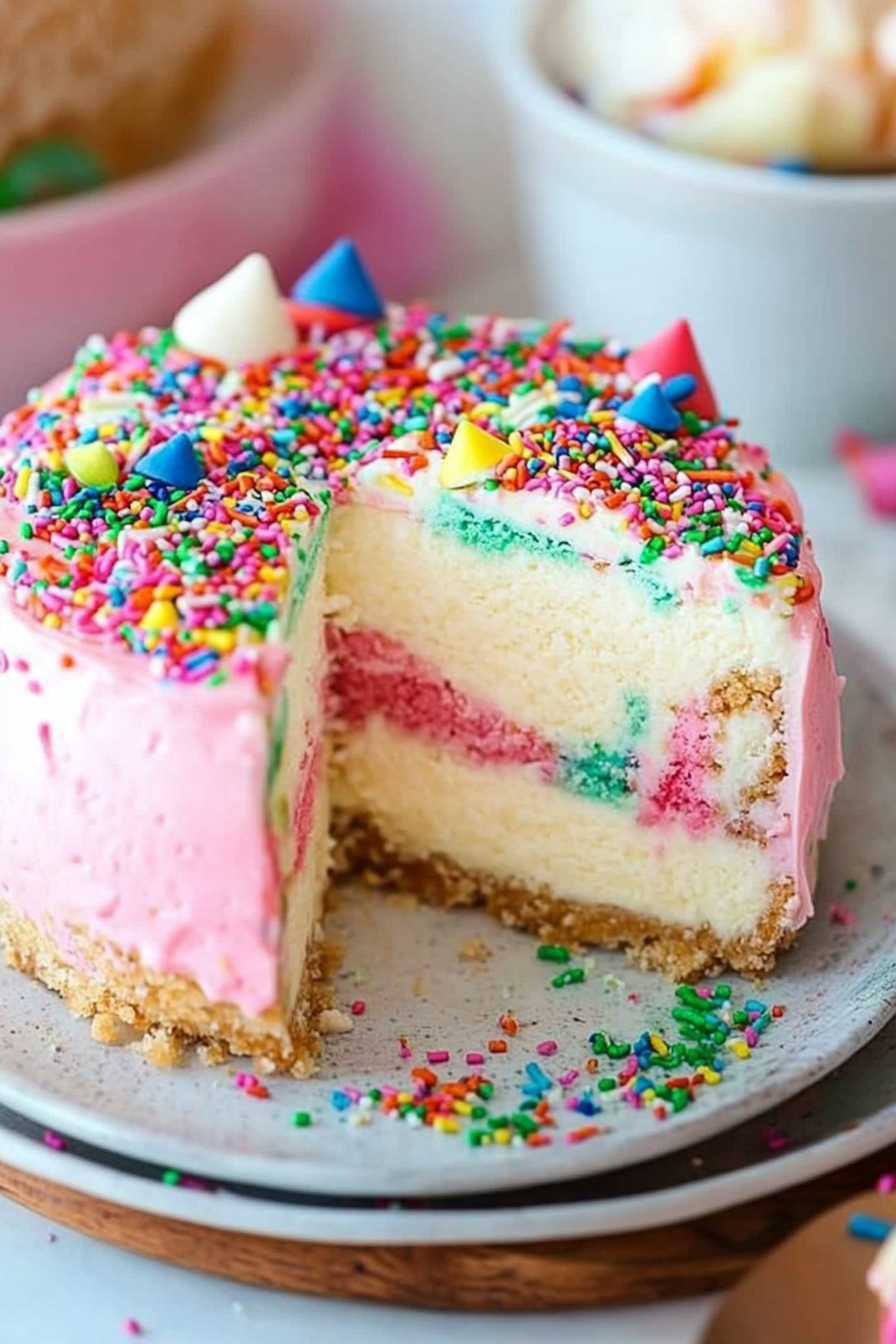 Funfetti Cheesecake Recipe with a Cake Base Final Dish Presentation