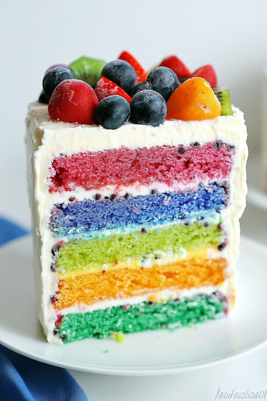 Healthy Rainbow Ice Cream Cake Recipe with Fresh Fruit Final Dish Presentation