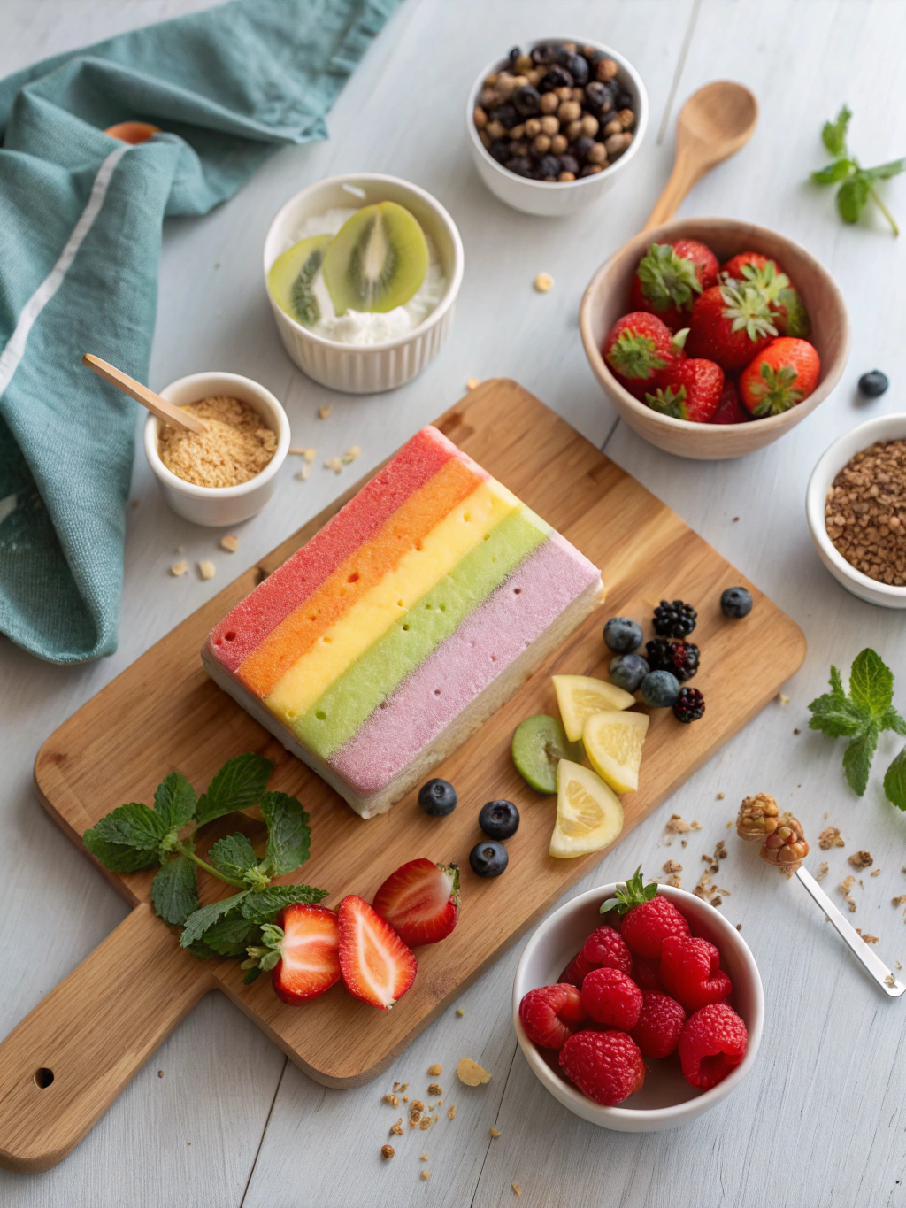Healthy Rainbow Ice Cream Cake Recipe with Fresh Fruit ingredients