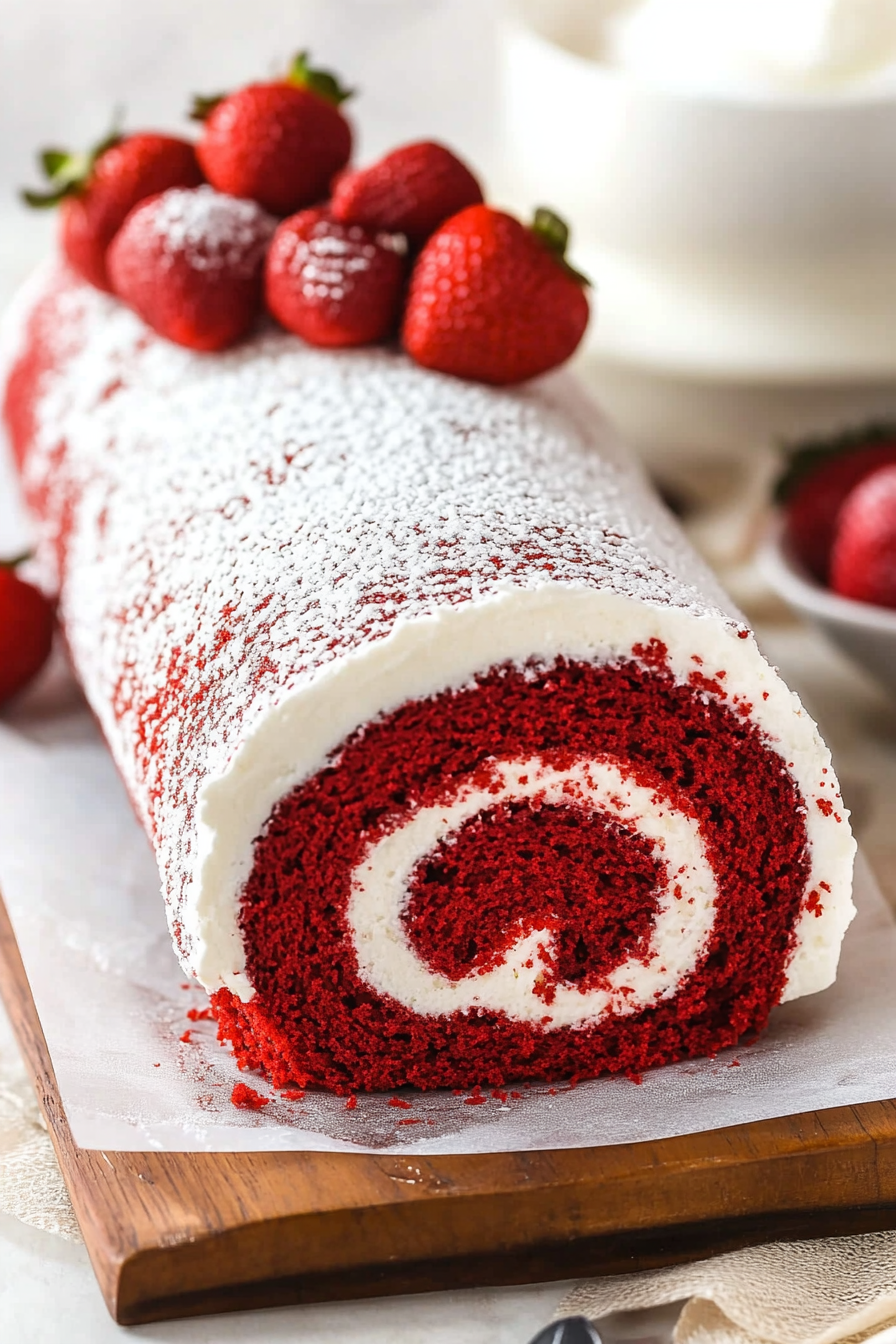 Red Velvet Cake Roll Recipe Final Dish Presentation