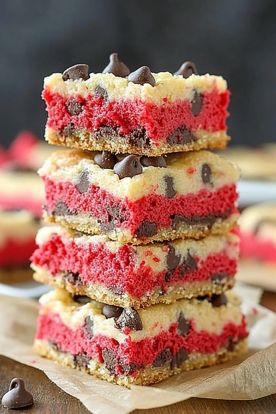 Red Velvet Cheesecake Chocolate Chip Cookie Bars Recipe Final Dish Presentation