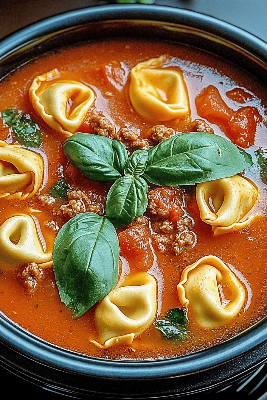 Slow Cooker Tomato Tortellini Soup with Ground Beef Final Dish Presentation