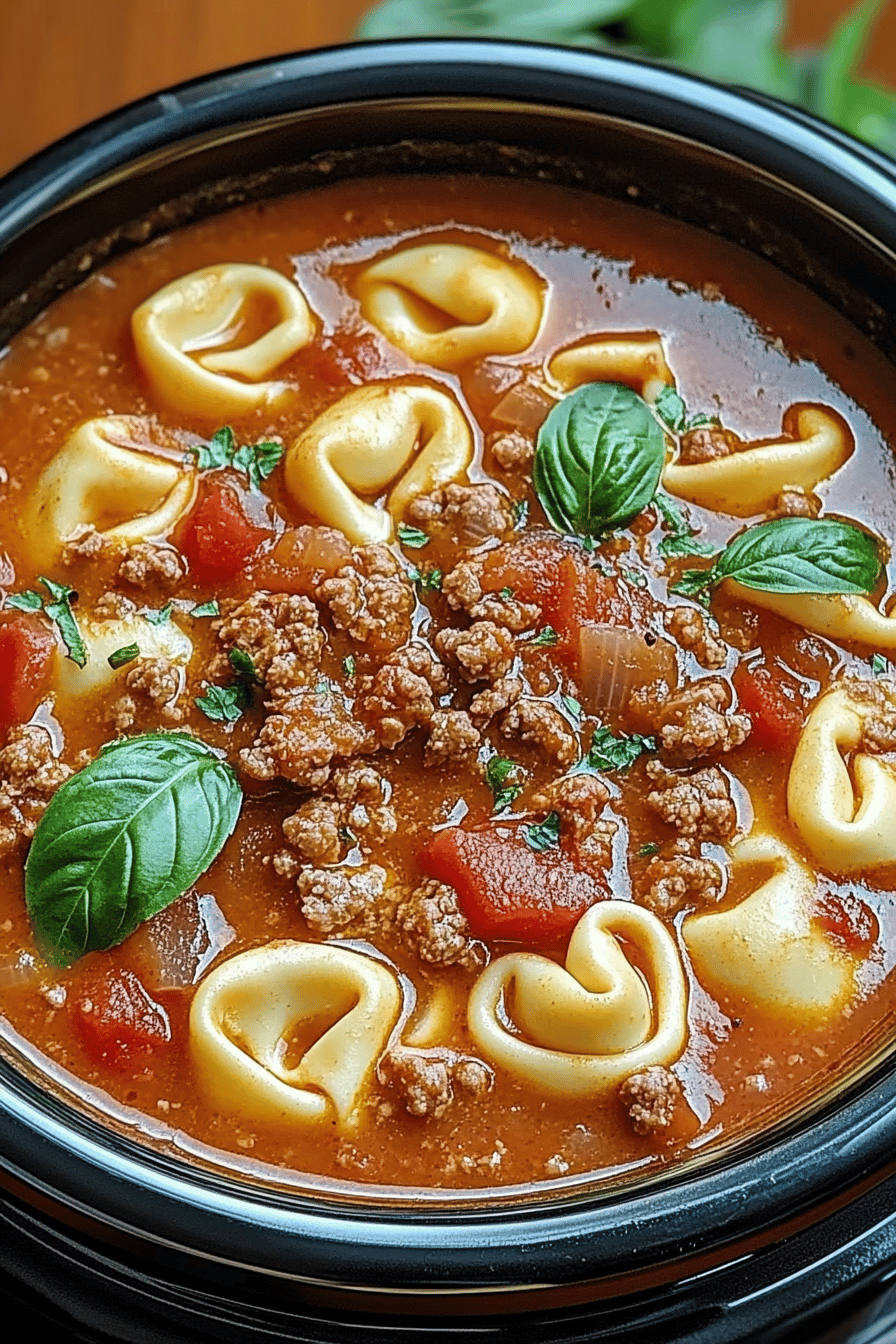 Slow Cooker Tomato Tortellini Soup with Ground Beef Final Dish Presentation