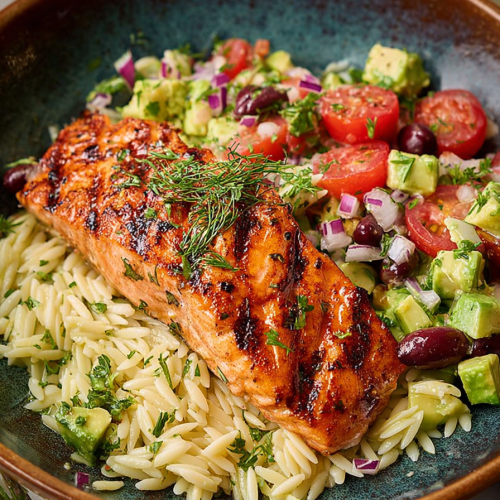 Easy Grilled Salmon with Avocado Greek Salsa Orzo