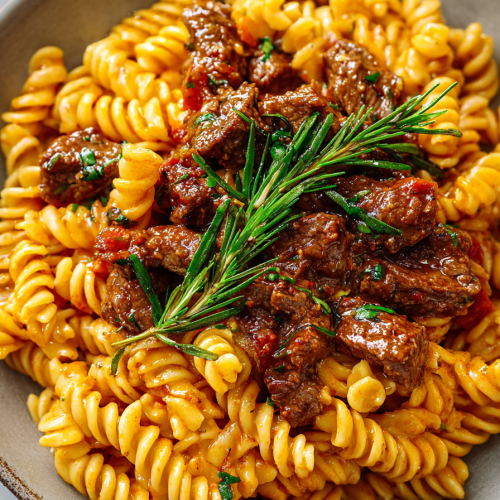 Beef and Rotini in Garlic Sauce