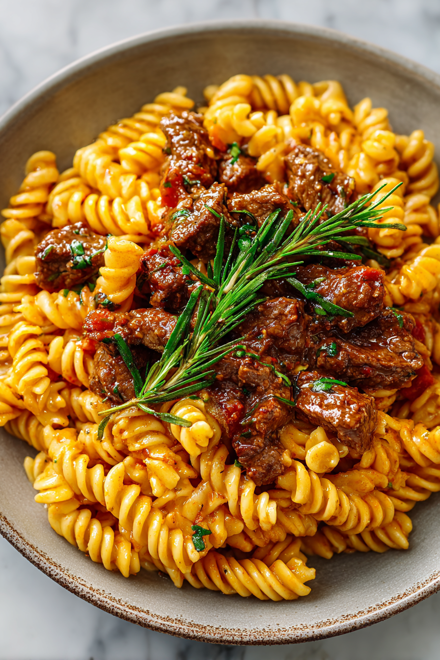 Beef and Rotini in Garlic Sauce