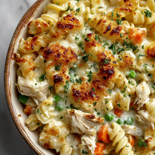 Creamy Chicken Pot Pie Pasta Bake