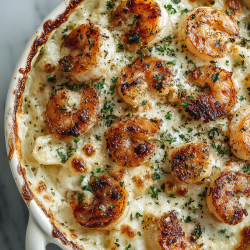 Creamy Garlic Shrimp Pasta Bake