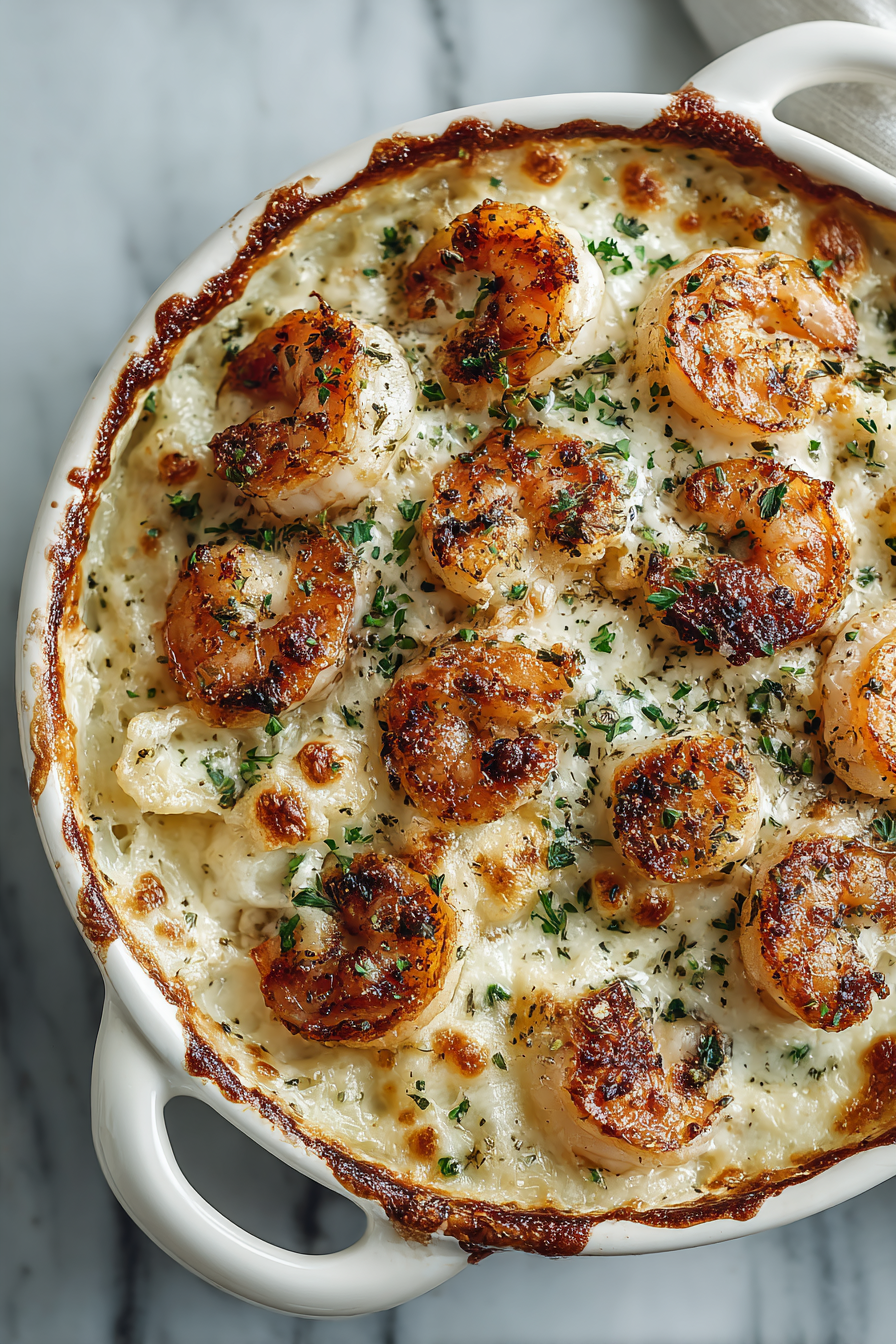 Creamy Garlic Shrimp Pasta Bake