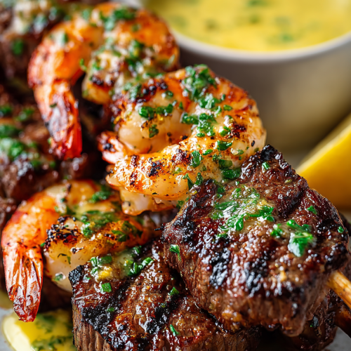 Steak and Shrimp Skewers with Garlic Butter Sauce